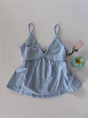 Light Blue Sequin-Embellished Spaghetti Strap Top